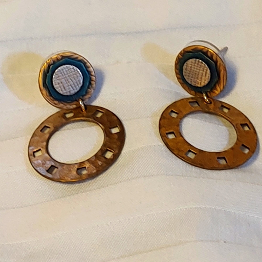 Gold, Dark Teal, Silver Post Earrings